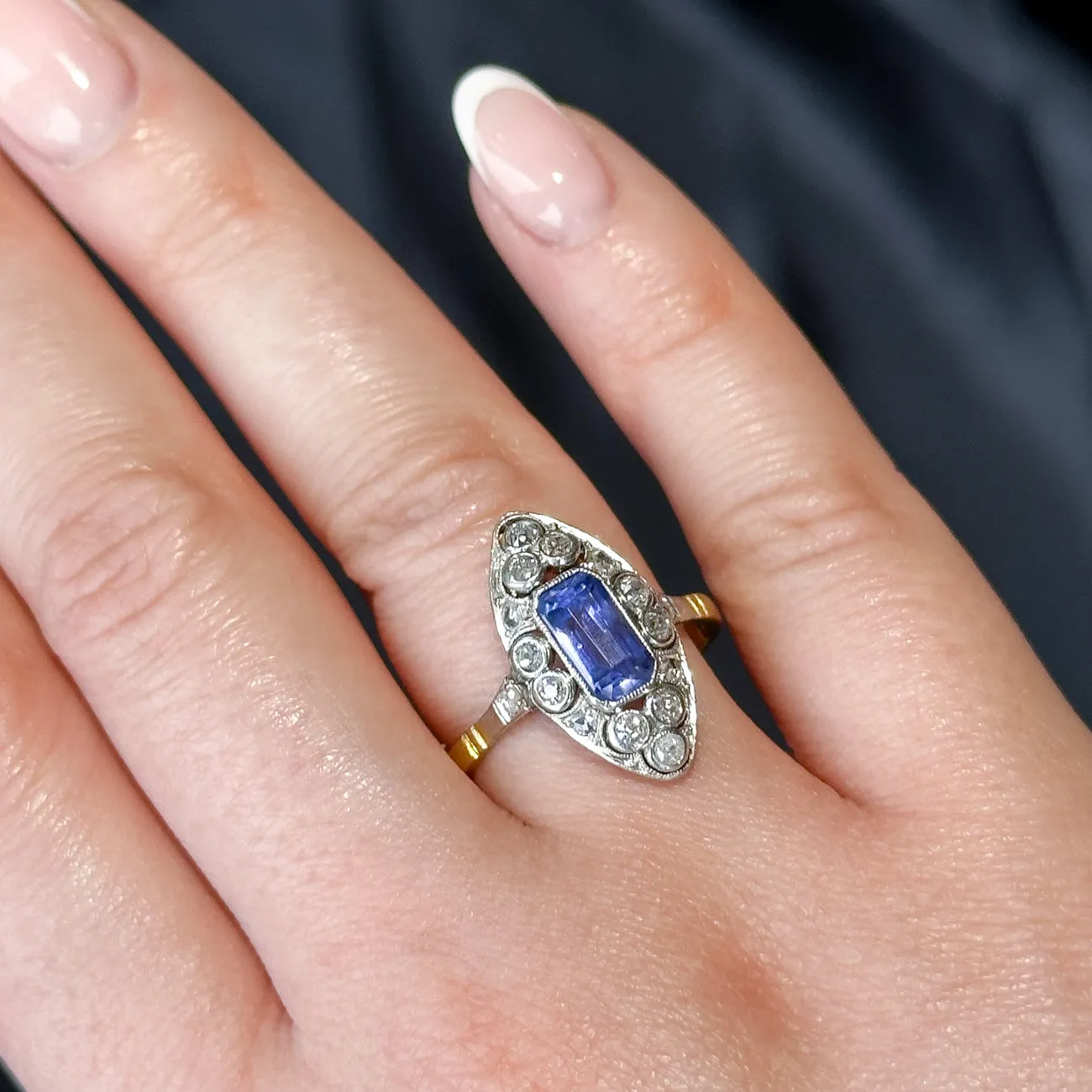 Antique Victorian Sapphire Diamond Navette Ring 1.2ct Sapphire