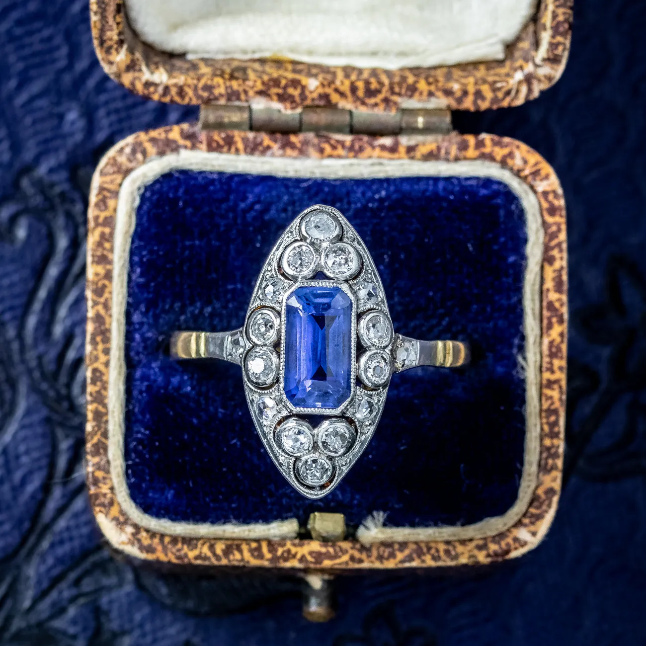 Antique Victorian Sapphire Diamond Navette Ring 1.2ct Sapphire