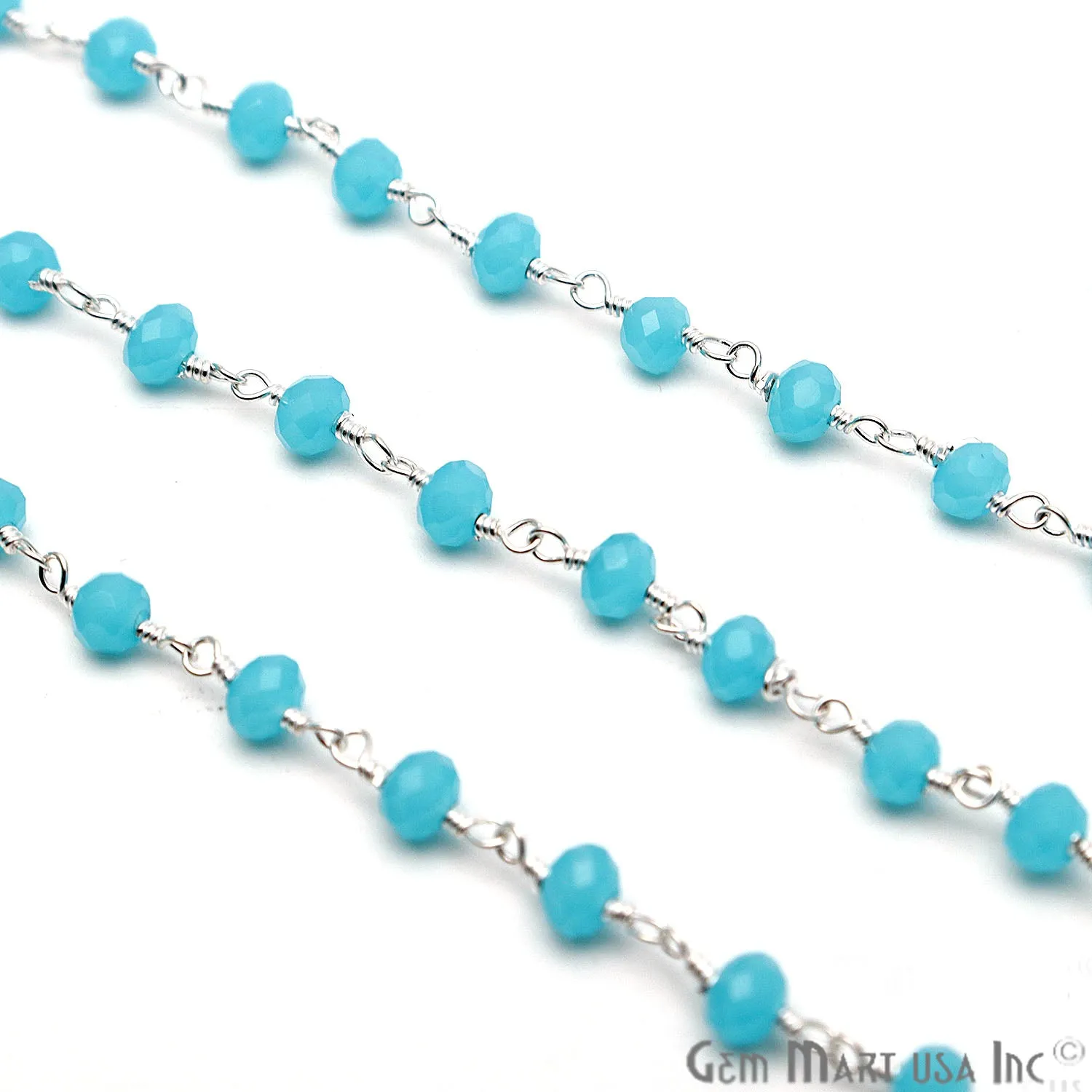 Aqua Chalcedony Faceted Beads Silver Plated Wire Wrapped Rosary Chain