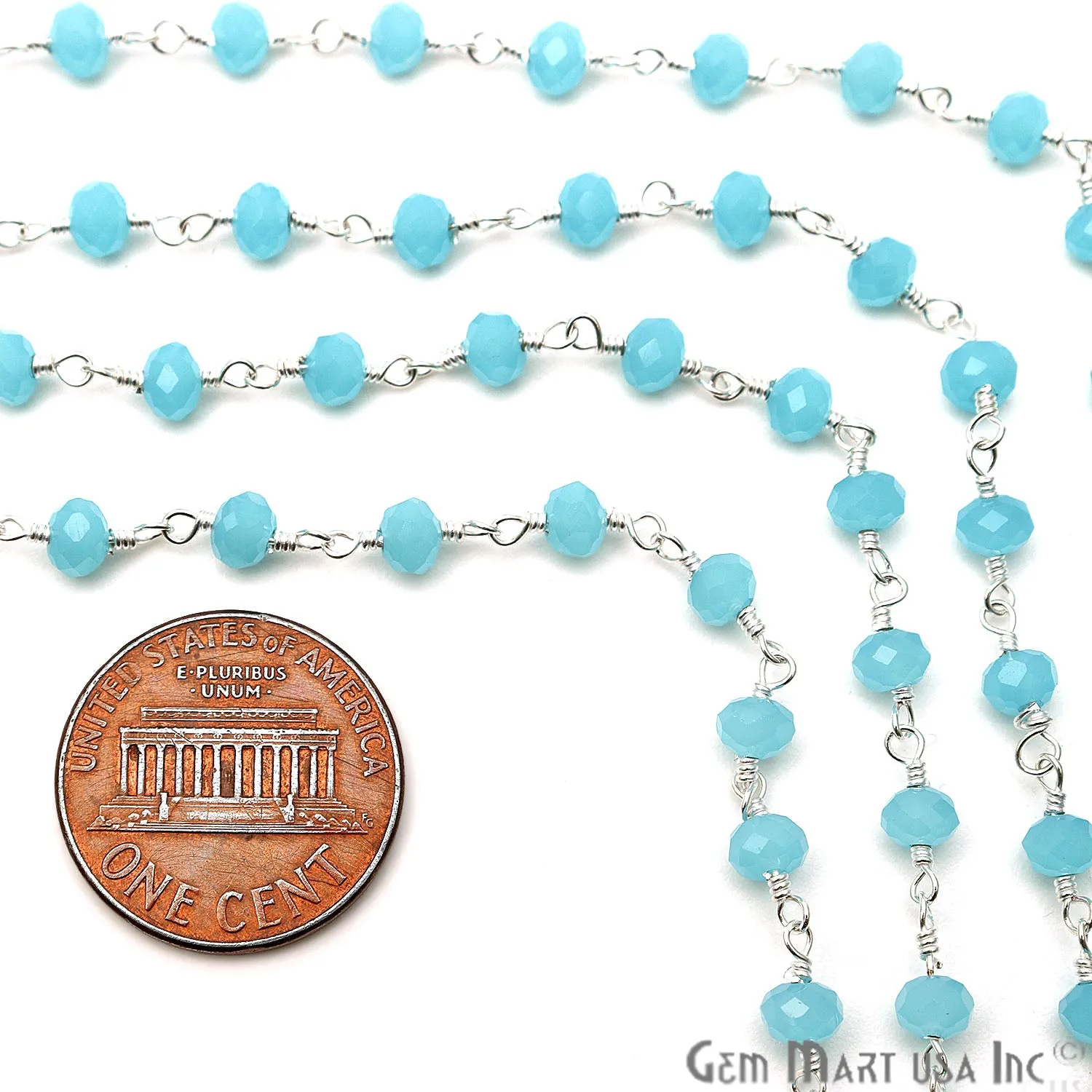 Aqua Chalcedony Faceted Beads Silver Plated Wire Wrapped Rosary Chain