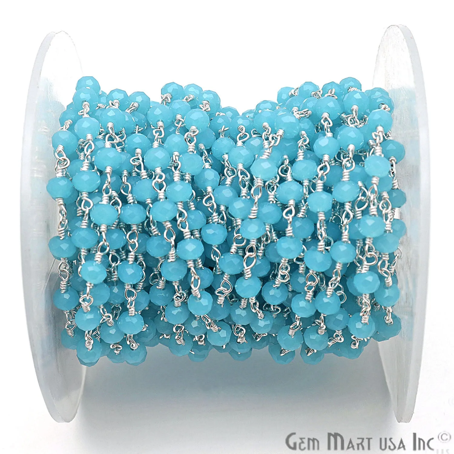 Aqua Chalcedony Faceted Beads Silver Plated Wire Wrapped Rosary Chain