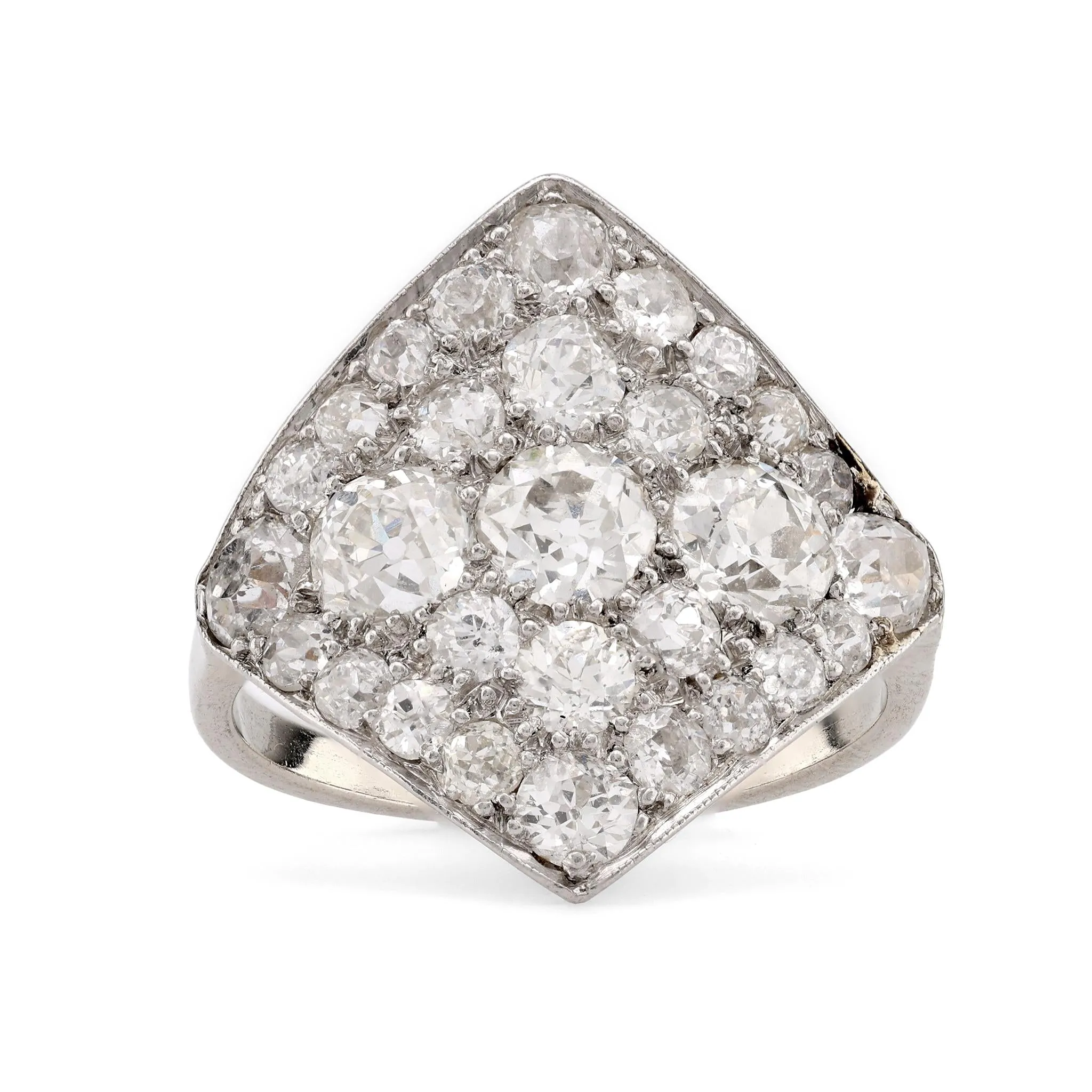 Art Deco 4.2 Carat Total Weight Diamond Platinum Shield Shape Ring