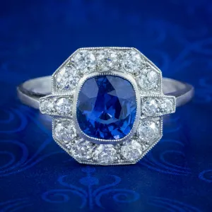 Art Deco Style Blue Sapphire Diamond Cluster Ring Platinum 1.40Ct Sapphire