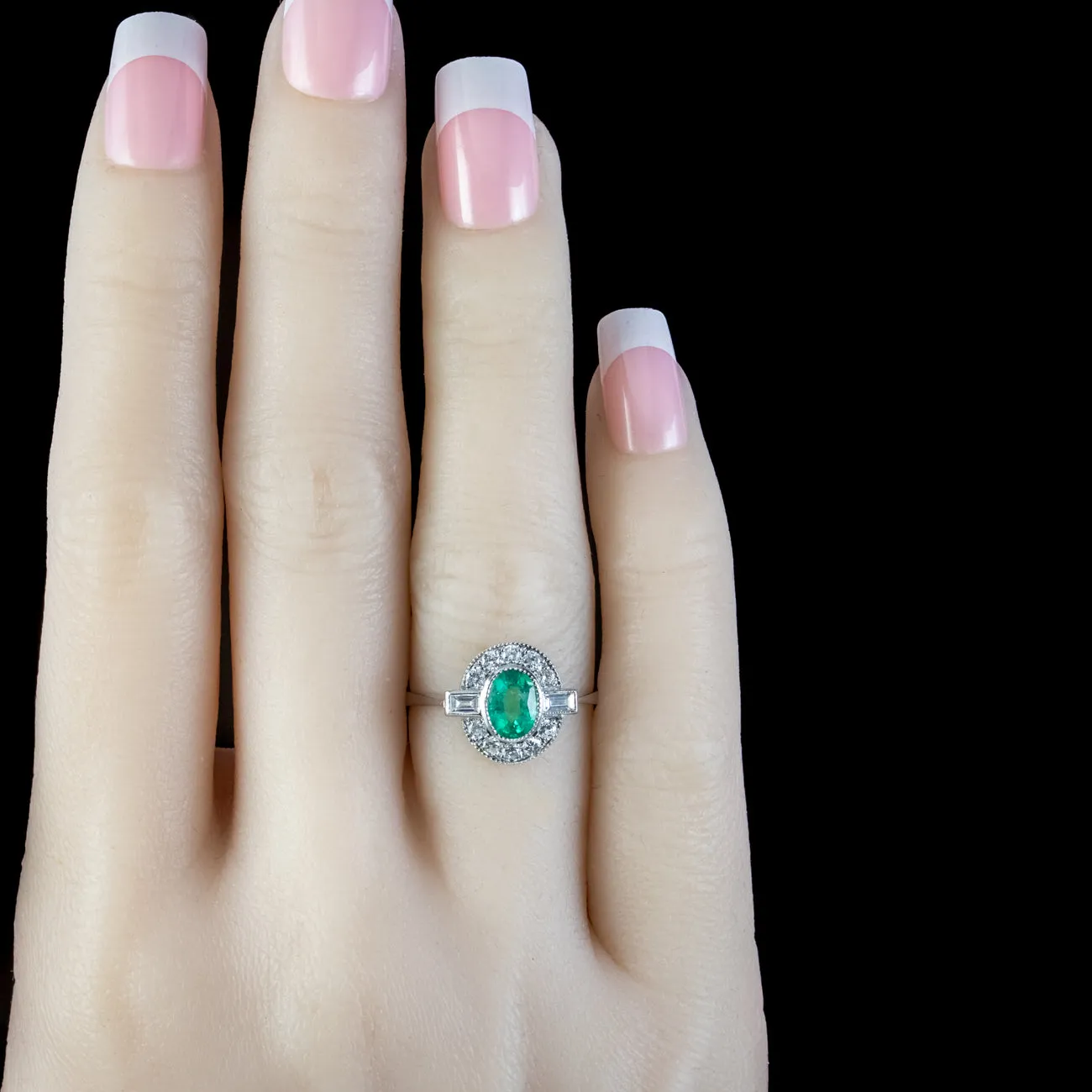 Art Deco Style Emerald Diamond Cluster Ring 0.80ct Emerald