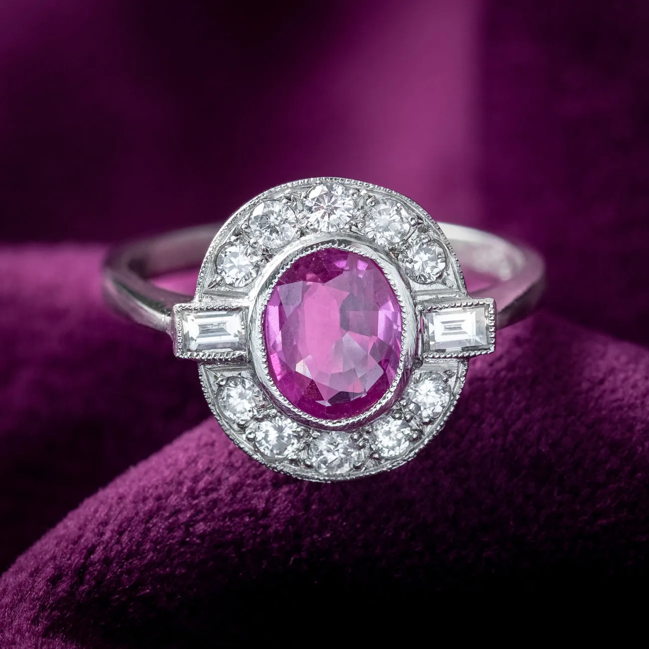 Art Deco Style Pink Sapphire Diamond Cluster Ring 1ct Sapphire