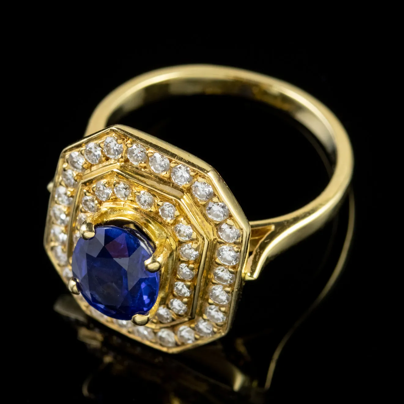 Art Deco Style Sapphire Diamond Cluster Ring 18Ct Gold 1.60Ct Sapphire