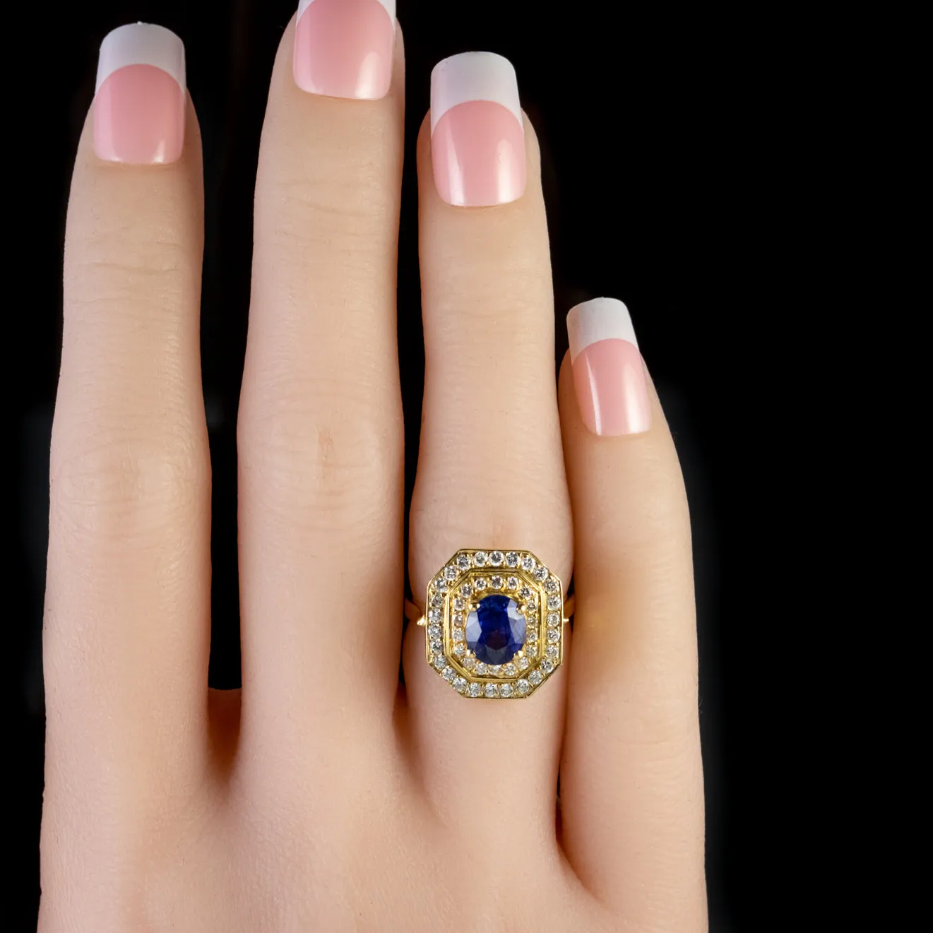 Art Deco Style Sapphire Diamond Cluster Ring 18Ct Gold 1.60Ct Sapphire