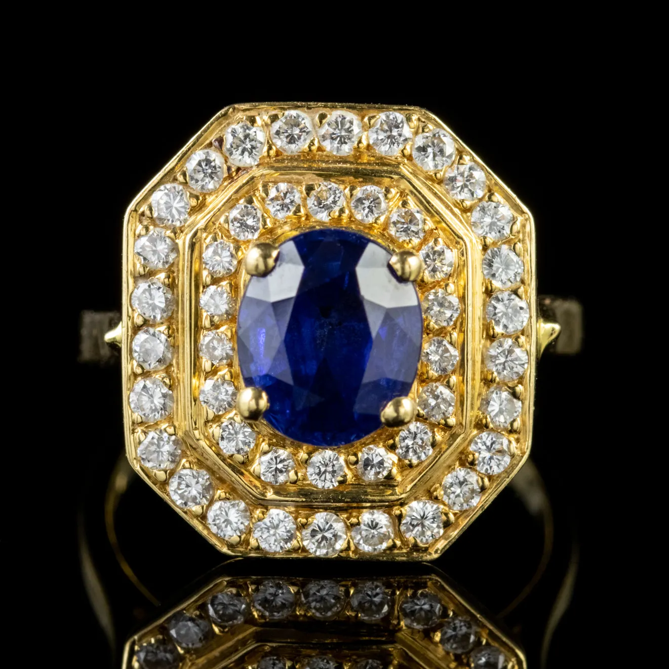 Art Deco Style Sapphire Diamond Cluster Ring 18Ct Gold 1.60Ct Sapphire