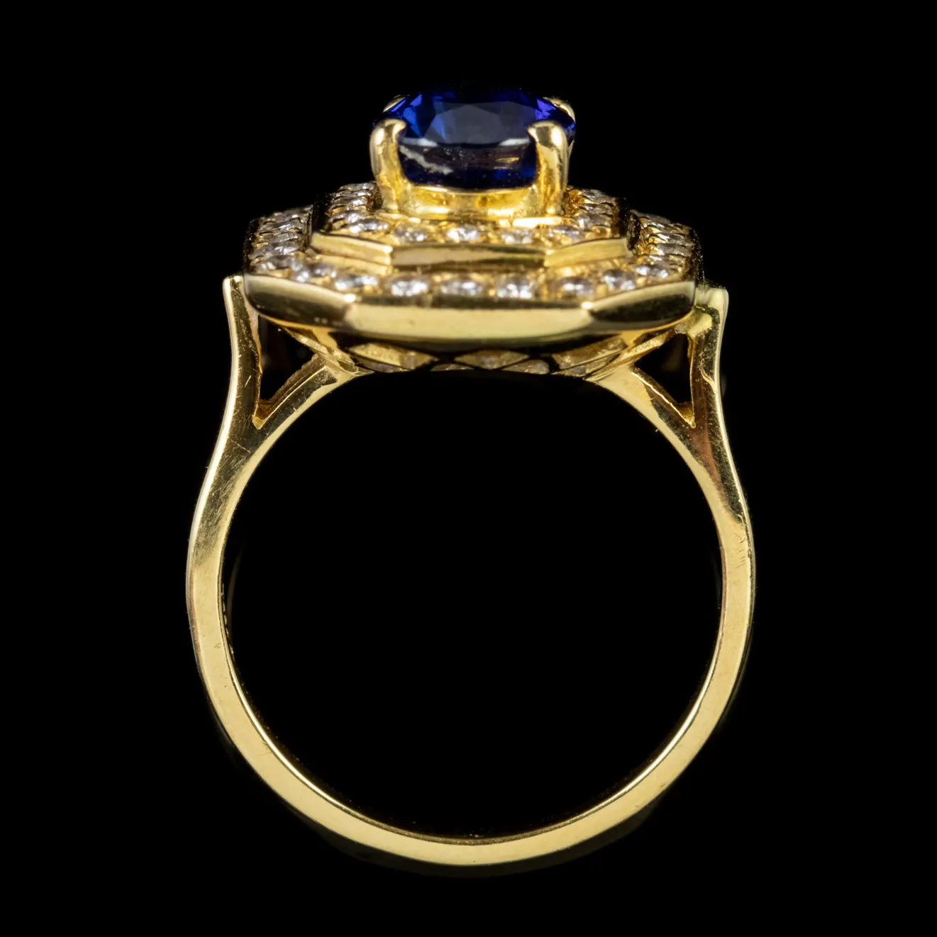 Art Deco Style Sapphire Diamond Cluster Ring 18Ct Gold 1.60Ct Sapphire