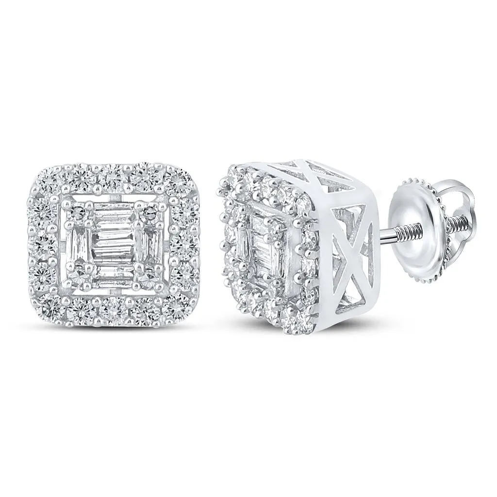 Baguette Cushion Cluster Diamond Earrings .63cttw 10K White Gold