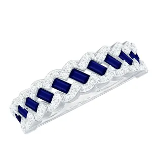 Baguette Cut Blue Sapphire and Diamond Braided Half Eternity Ring