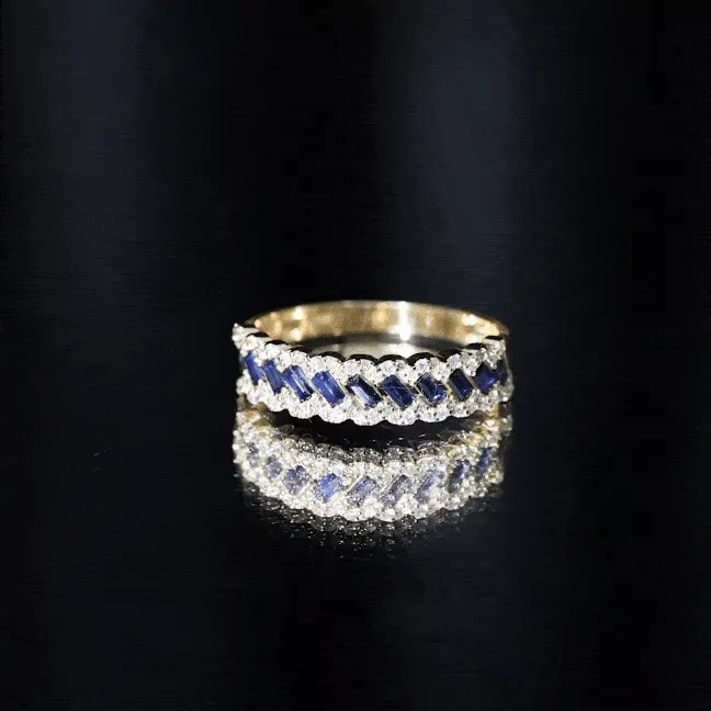 Baguette Cut Blue Sapphire and Diamond Braided Half Eternity Ring