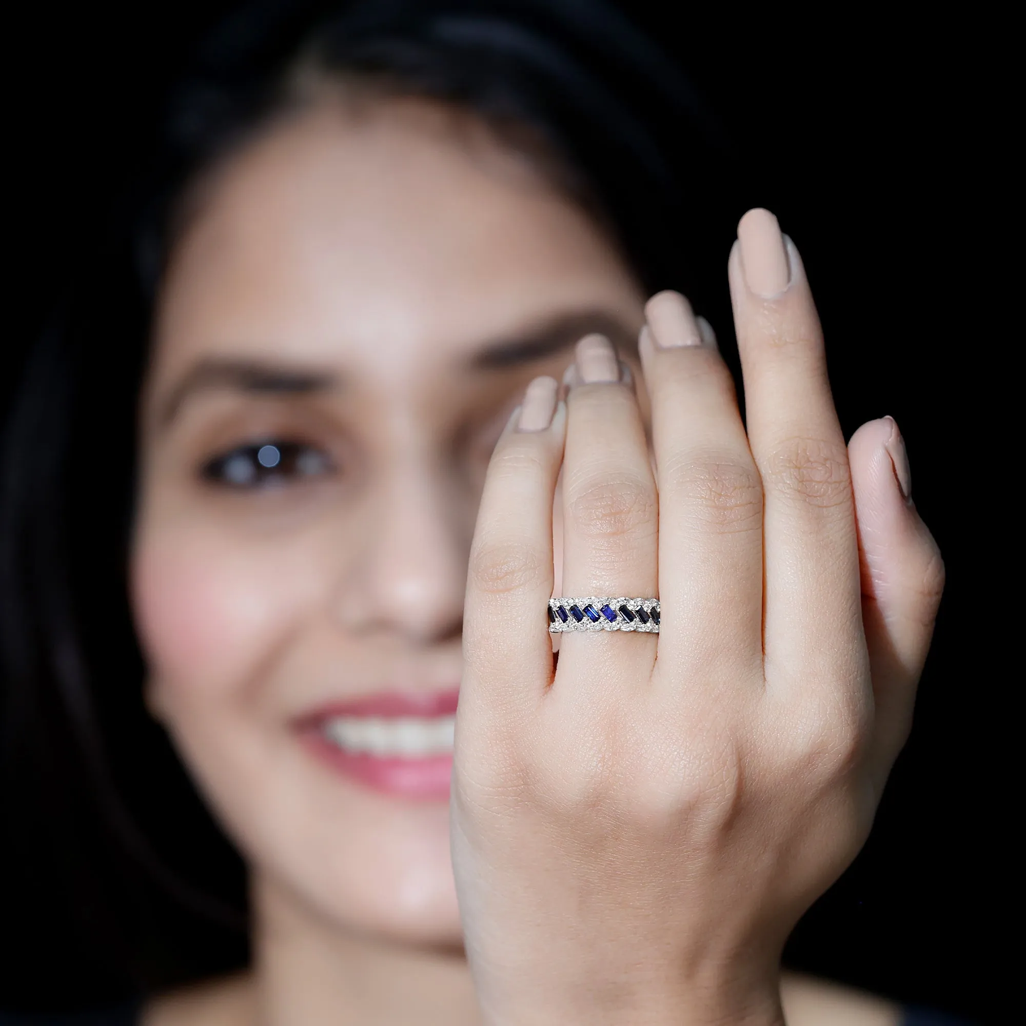 Baguette Cut Blue Sapphire and Diamond Braided Half Eternity Ring