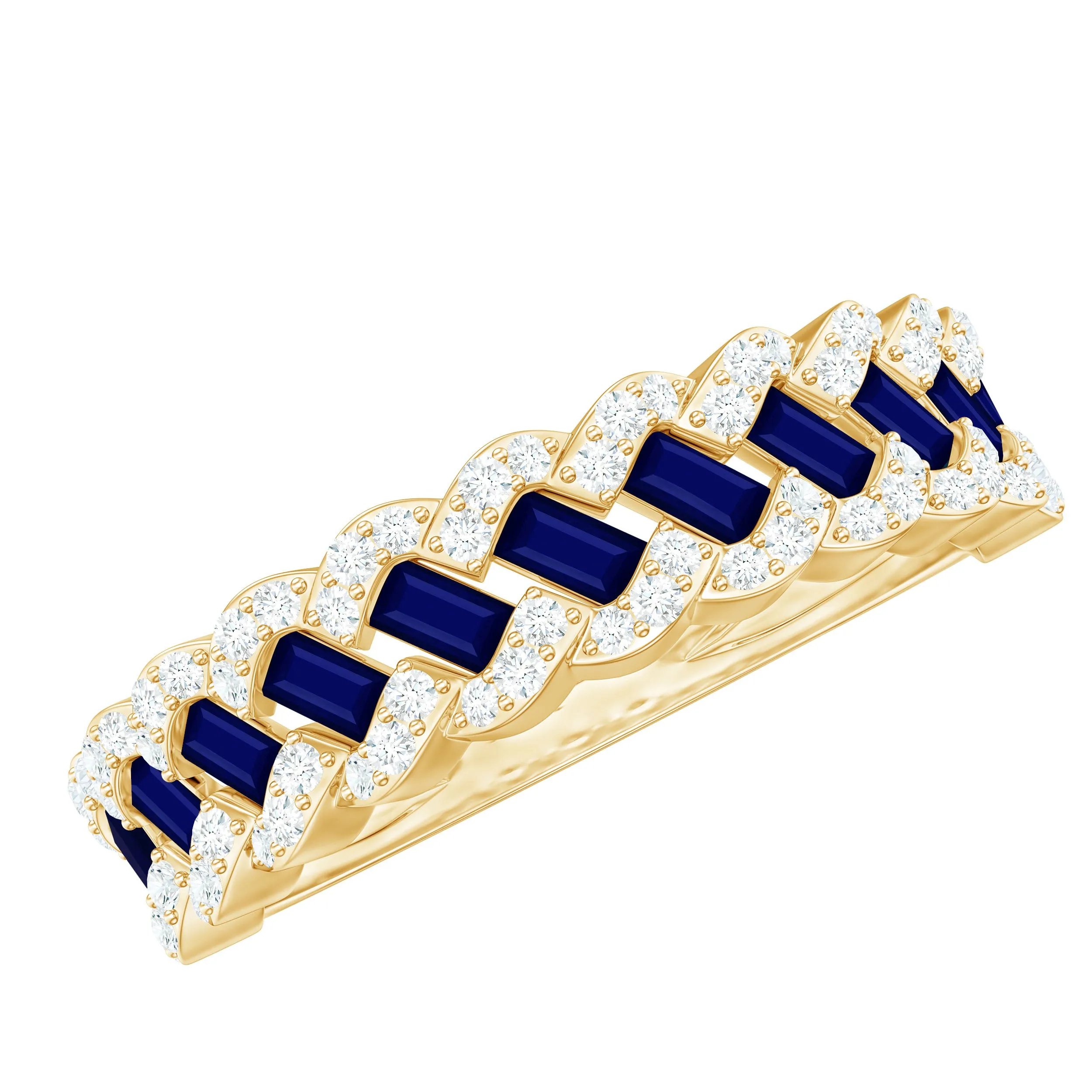 Baguette Cut Blue Sapphire and Diamond Braided Half Eternity Ring