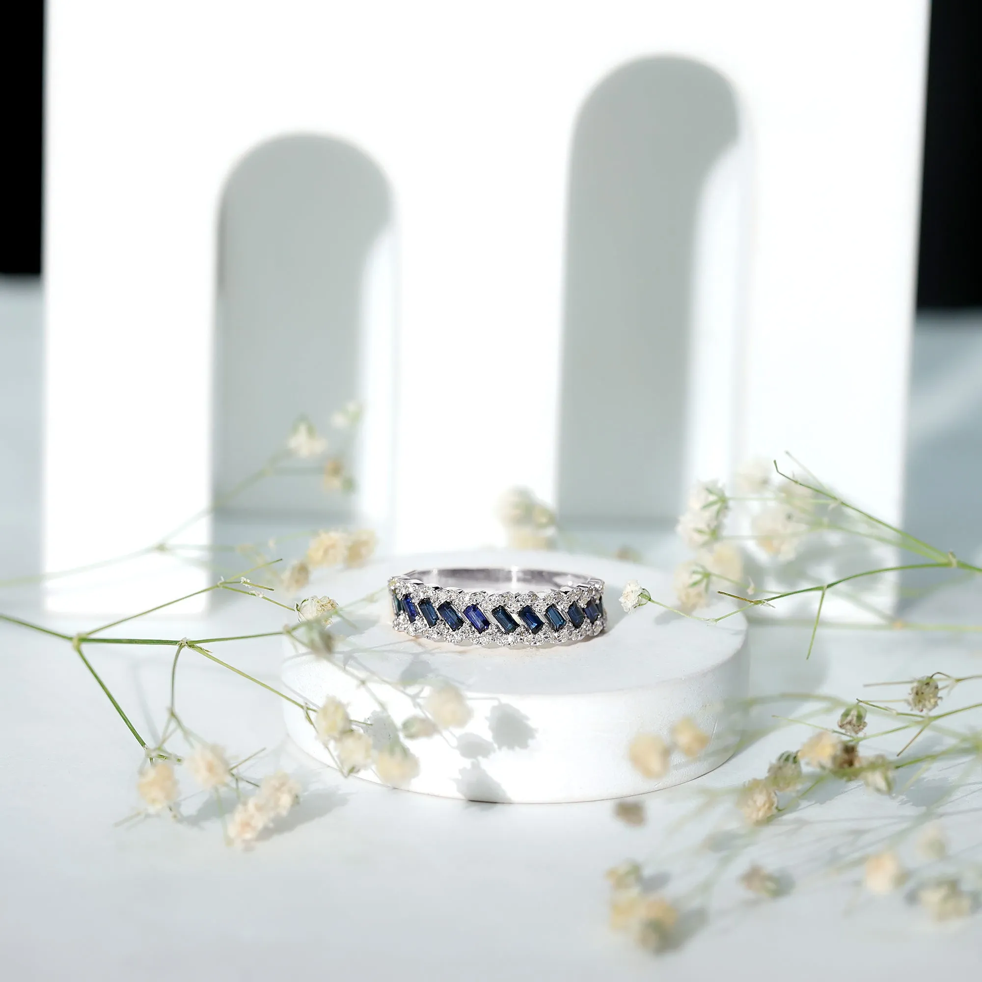 Baguette Cut Blue Sapphire and Diamond Braided Half Eternity Ring