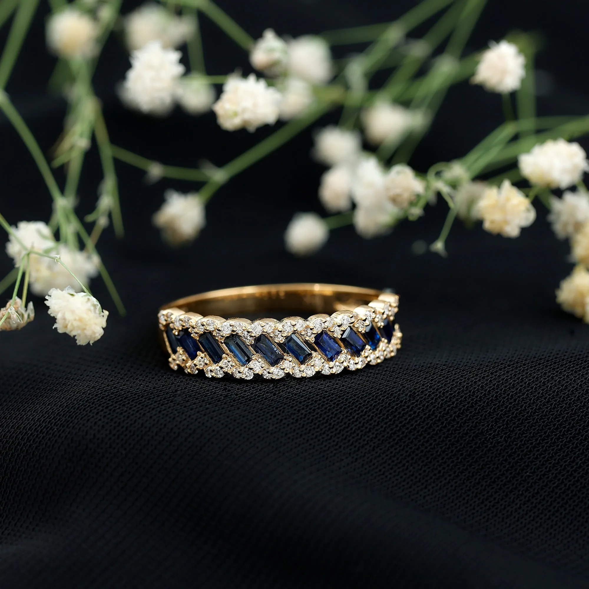 Baguette Cut Blue Sapphire and Diamond Braided Half Eternity Ring