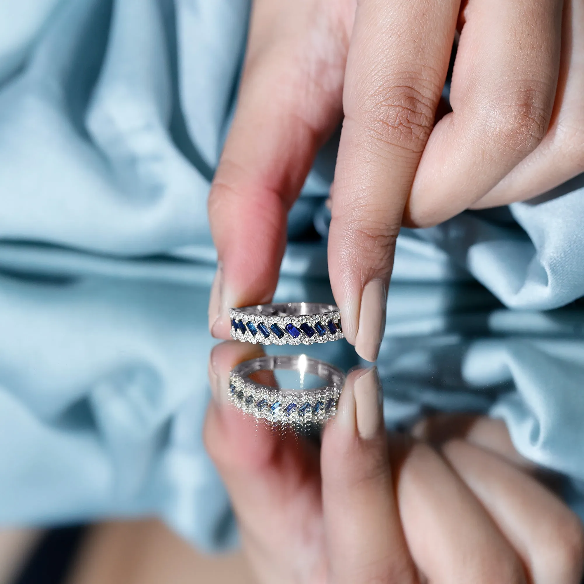 Baguette Cut Blue Sapphire and Diamond Braided Half Eternity Ring