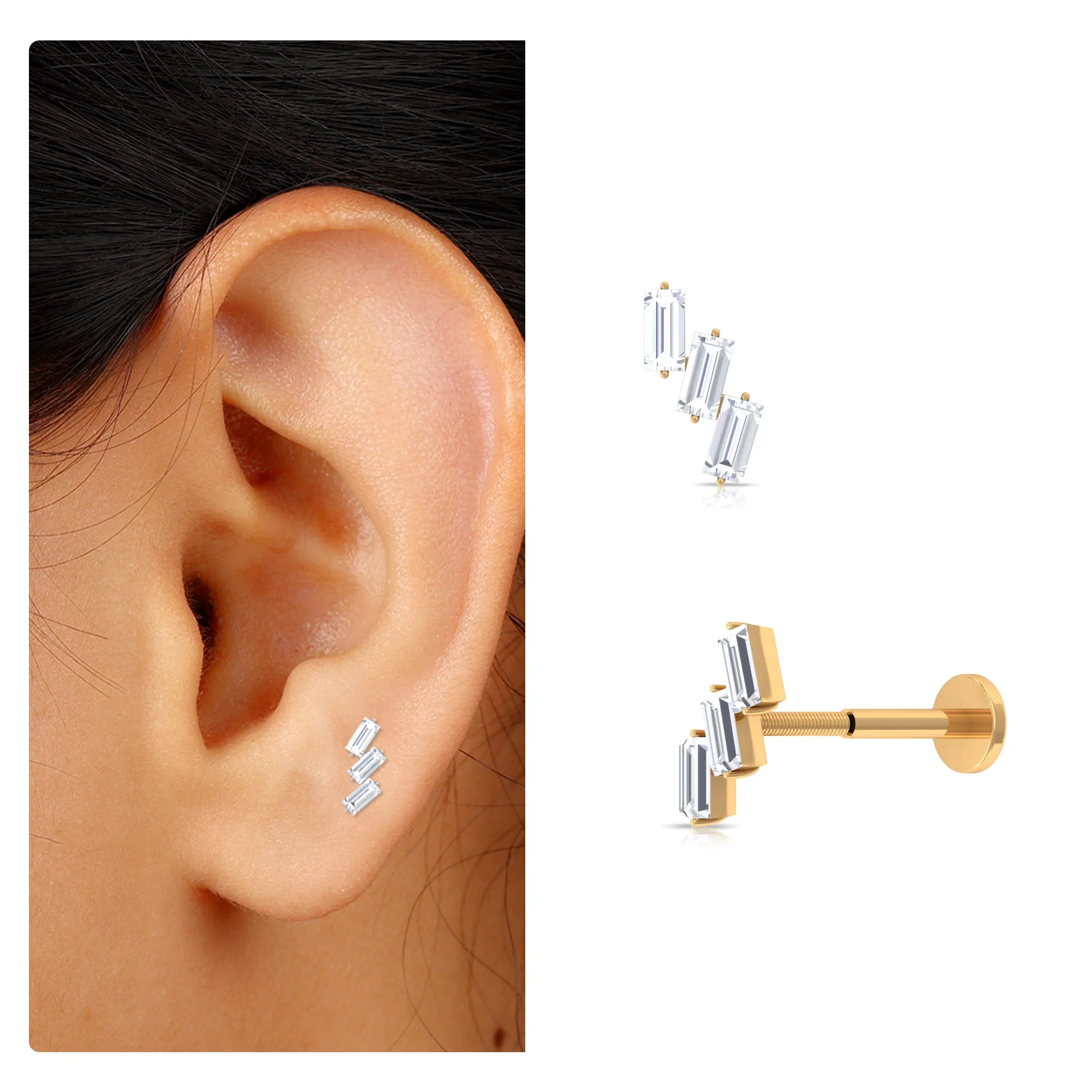 Baguette Diamond Three Stone Earring for Helix Piercing