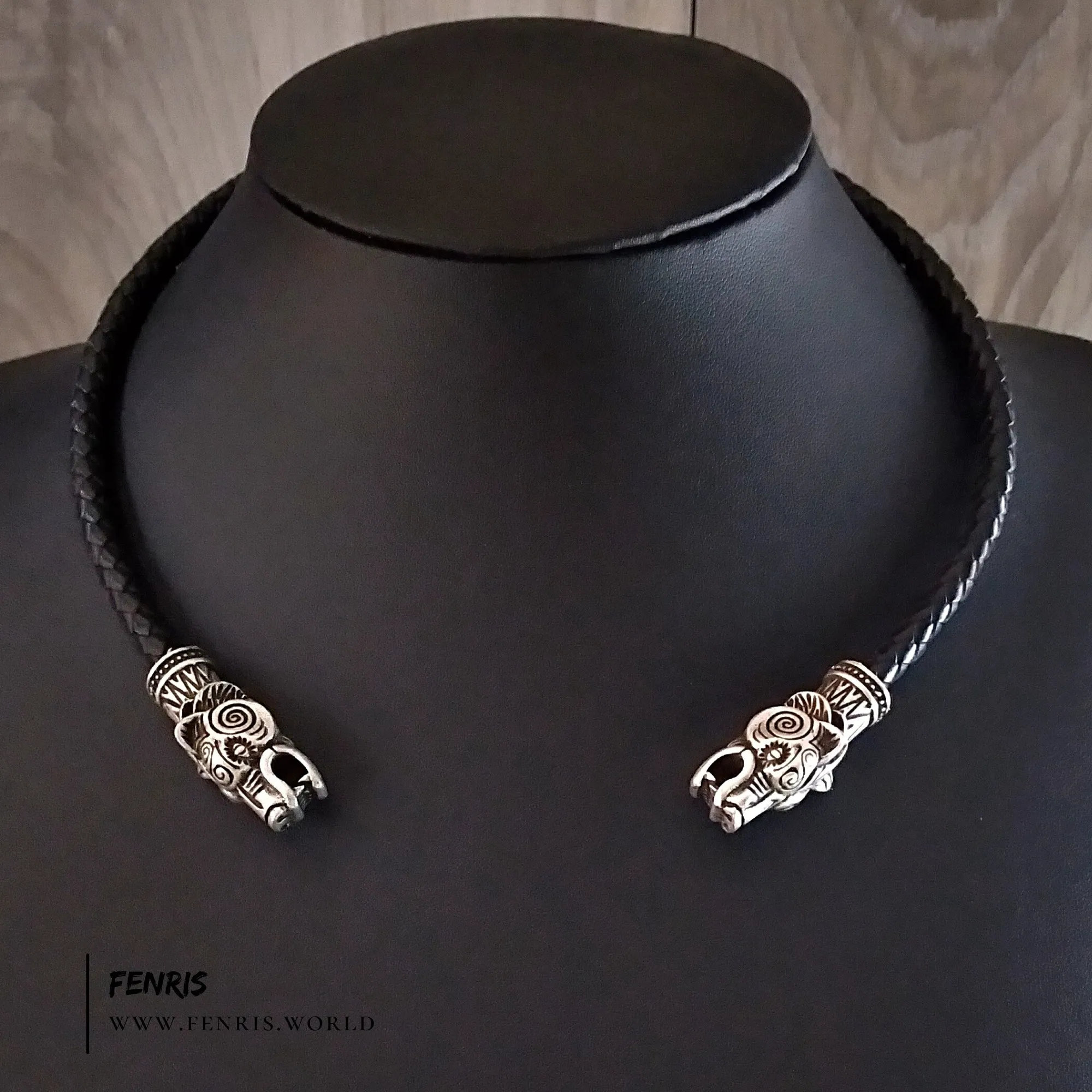 Bear Torc Silver Black Leather Norse Viking Style | Fenris