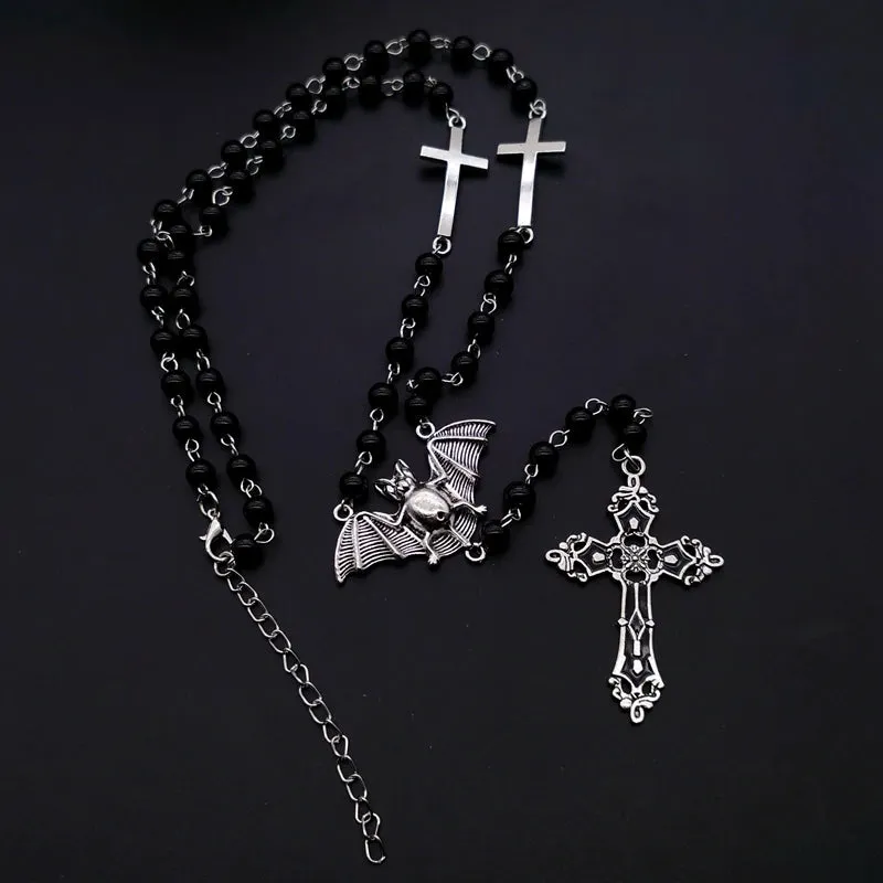 Black/Silver Rosary Necklace w/ Bat and Cross Details