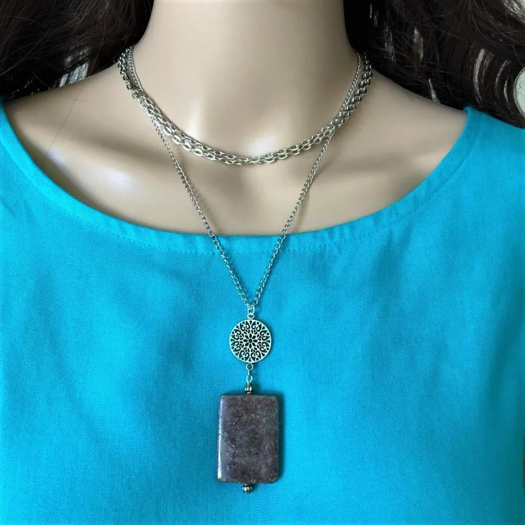 Brown Jasper Rectangle Pendant Layered Necklace