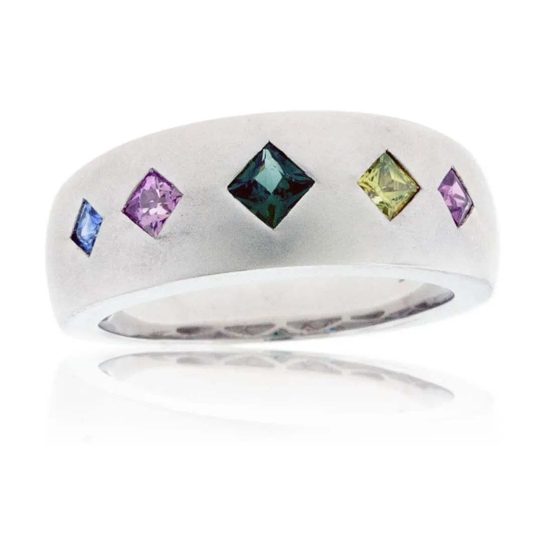 Brushed Silver Rainbow Sapphire Ring