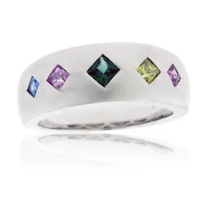 Brushed Silver Rainbow Sapphire Ring