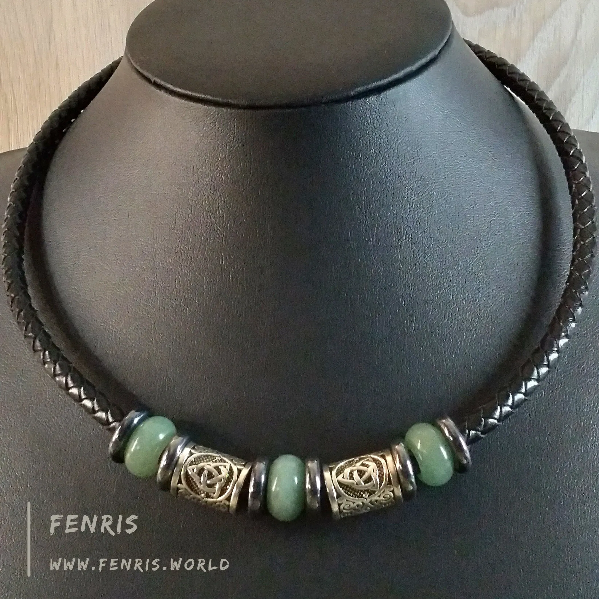 Celtic Choker Necklace Silver Jade Green Aventurine Black Leather