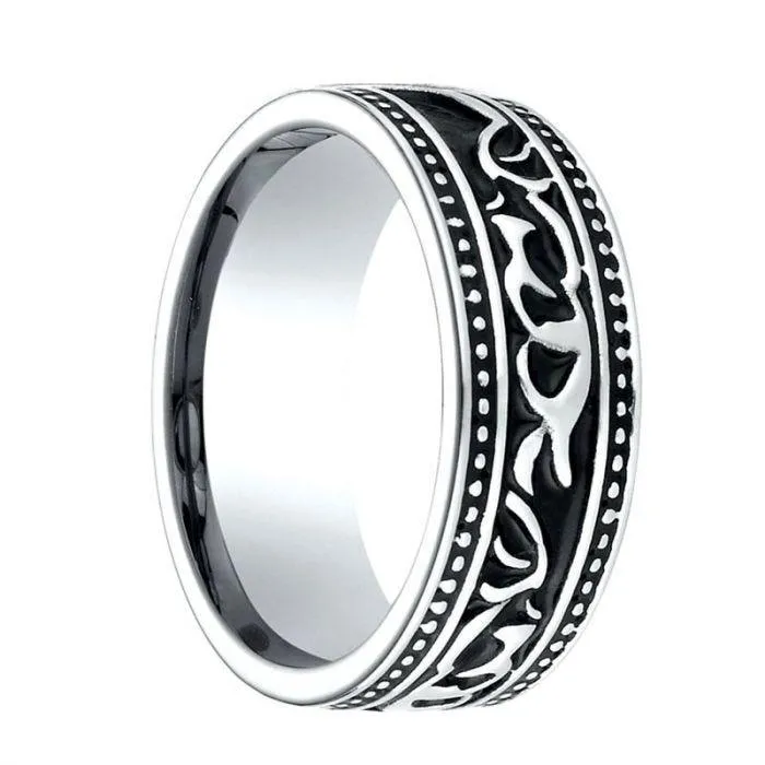 CLAYTON Cobalt Chrome Wedding Band with Scroll Pattern Ring by Benchmark - 8.5mm