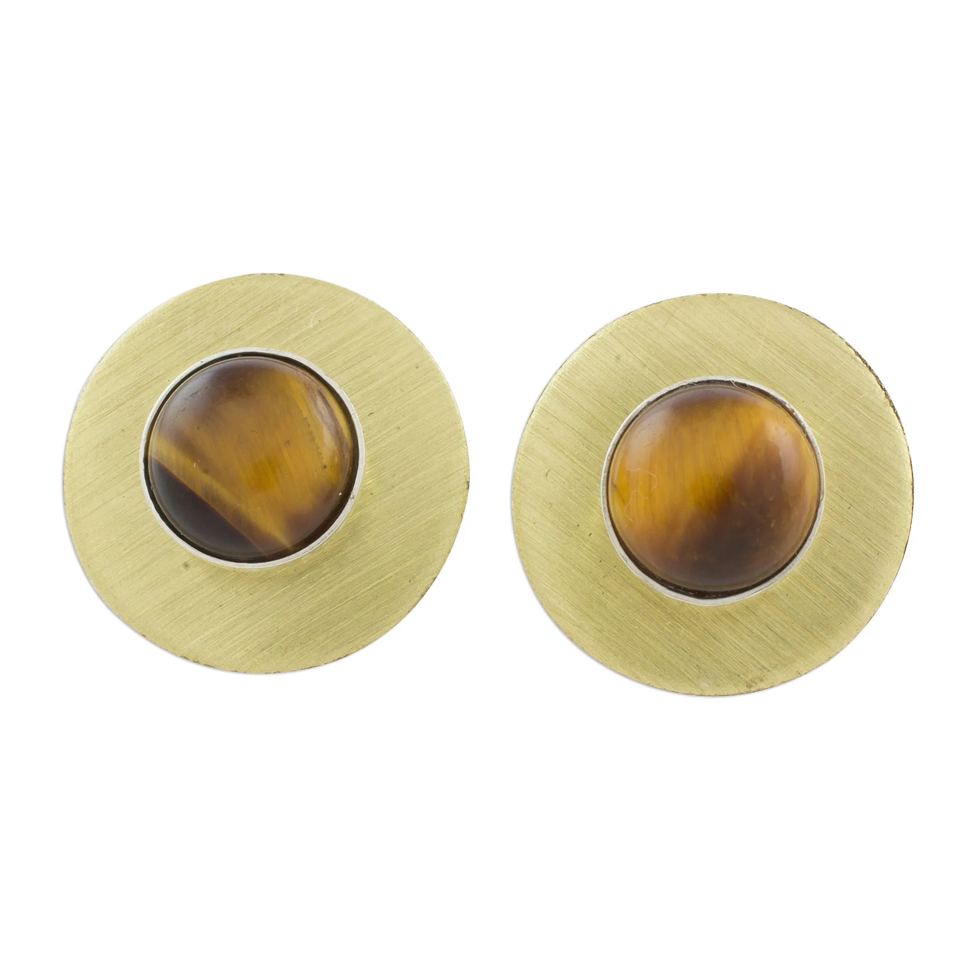 Complex Rings Modern Tiger's Eye Button Earrings from Guatemala