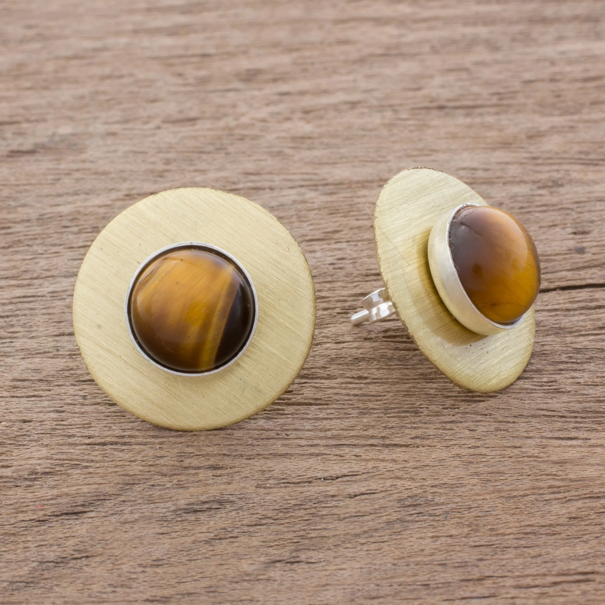 Complex Rings Modern Tiger's Eye Button Earrings from Guatemala