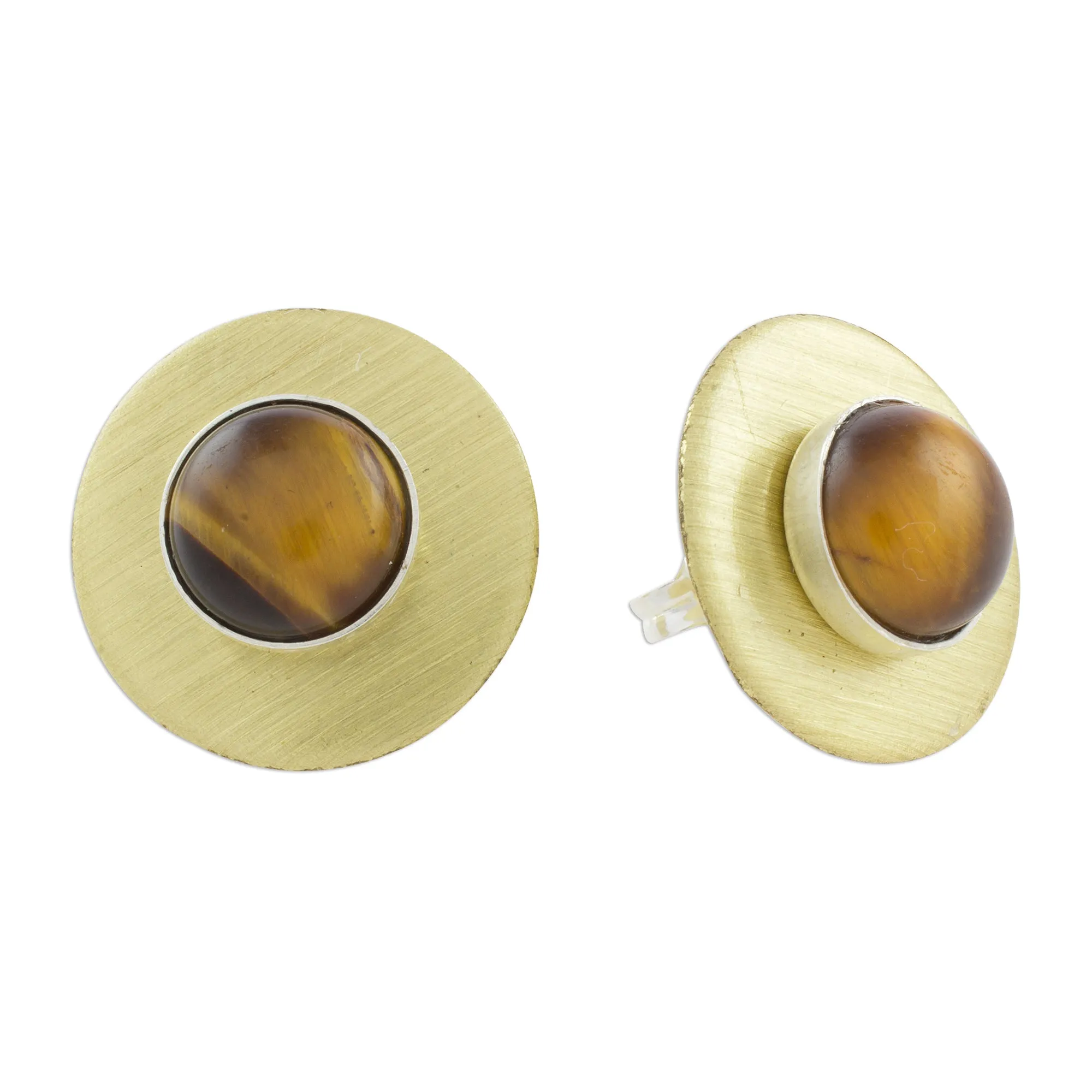 Complex Rings Modern Tiger's Eye Button Earrings from Guatemala