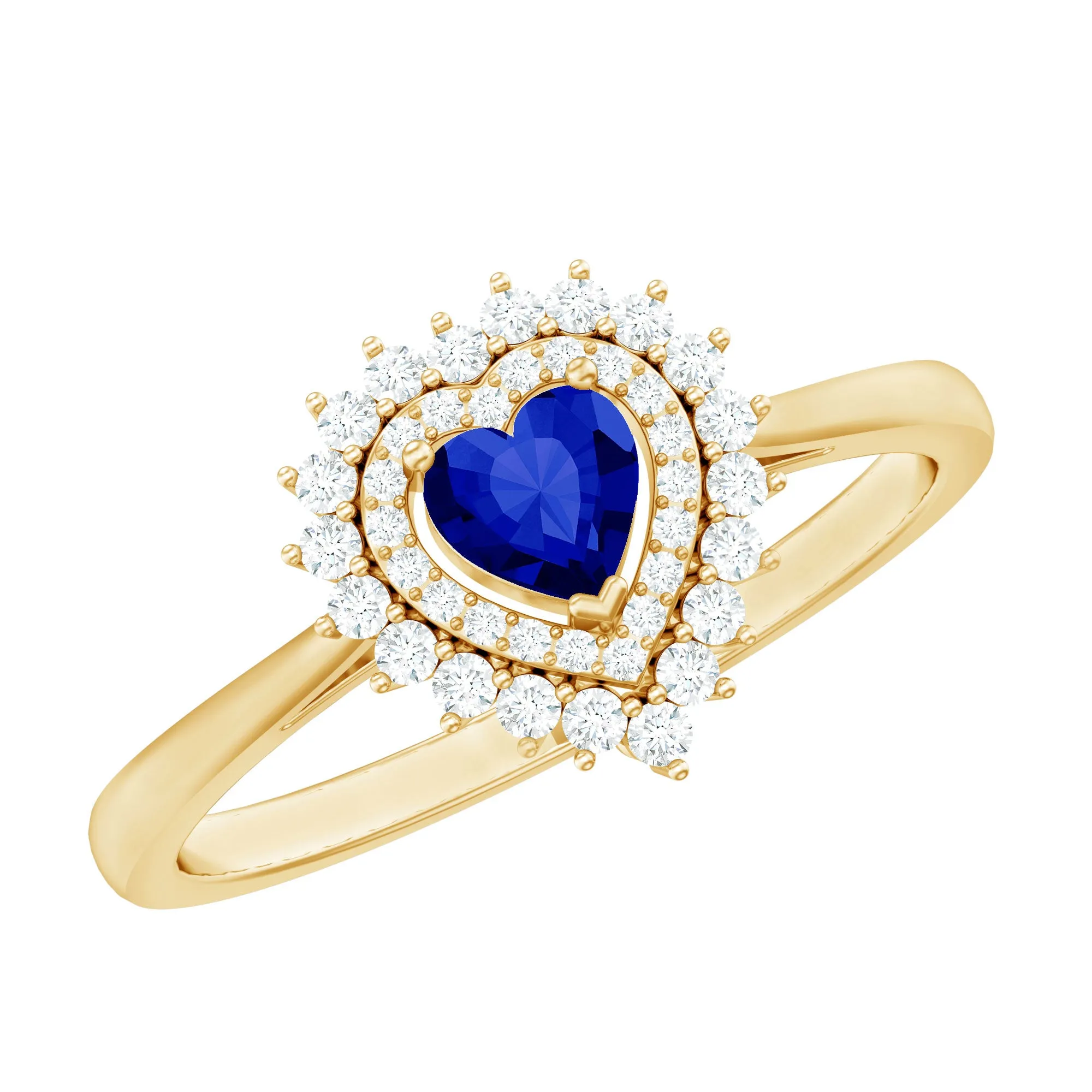 Created Blue Sapphire Heart Engagement Ring with Diamond Double Halo