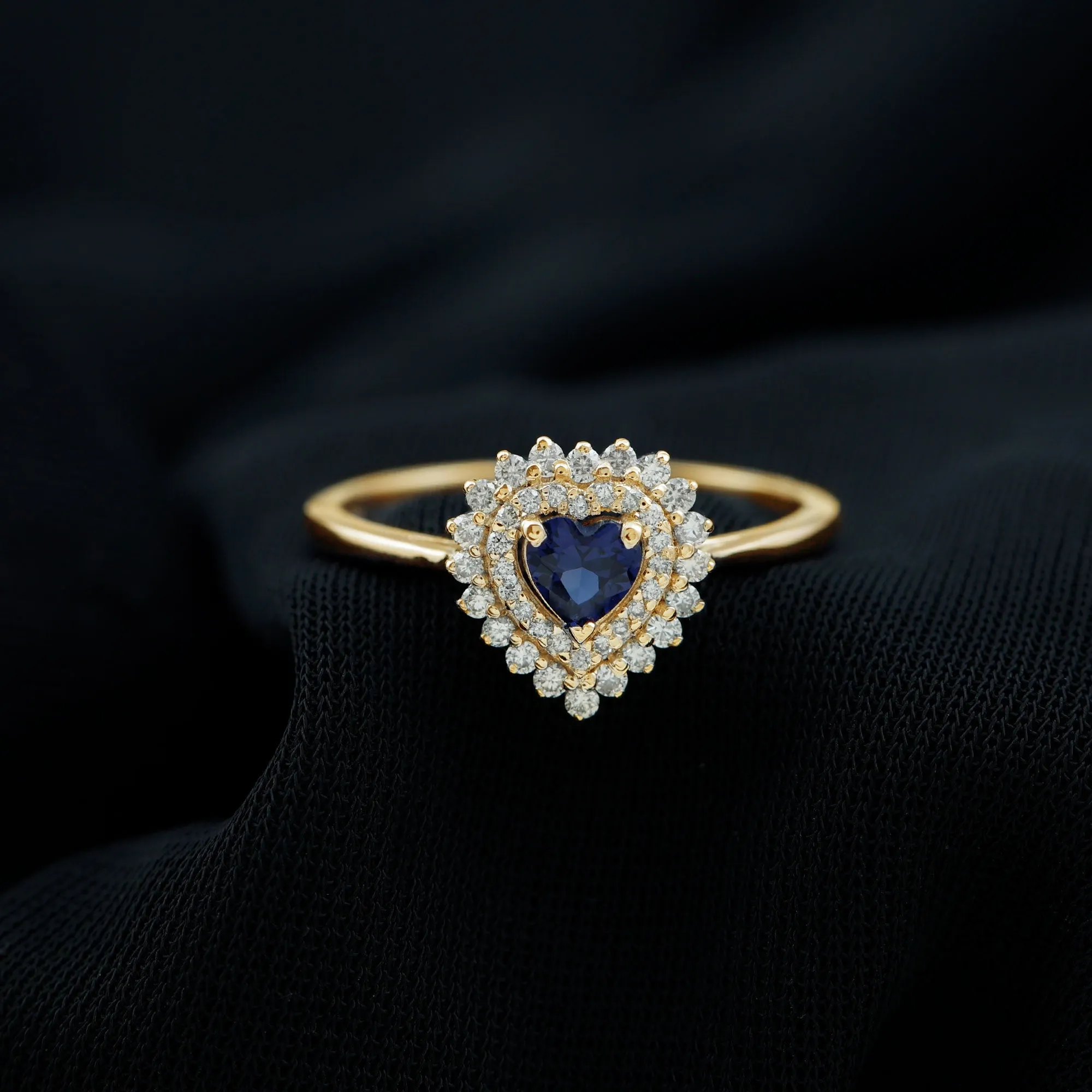 Created Blue Sapphire Heart Engagement Ring with Diamond Double Halo