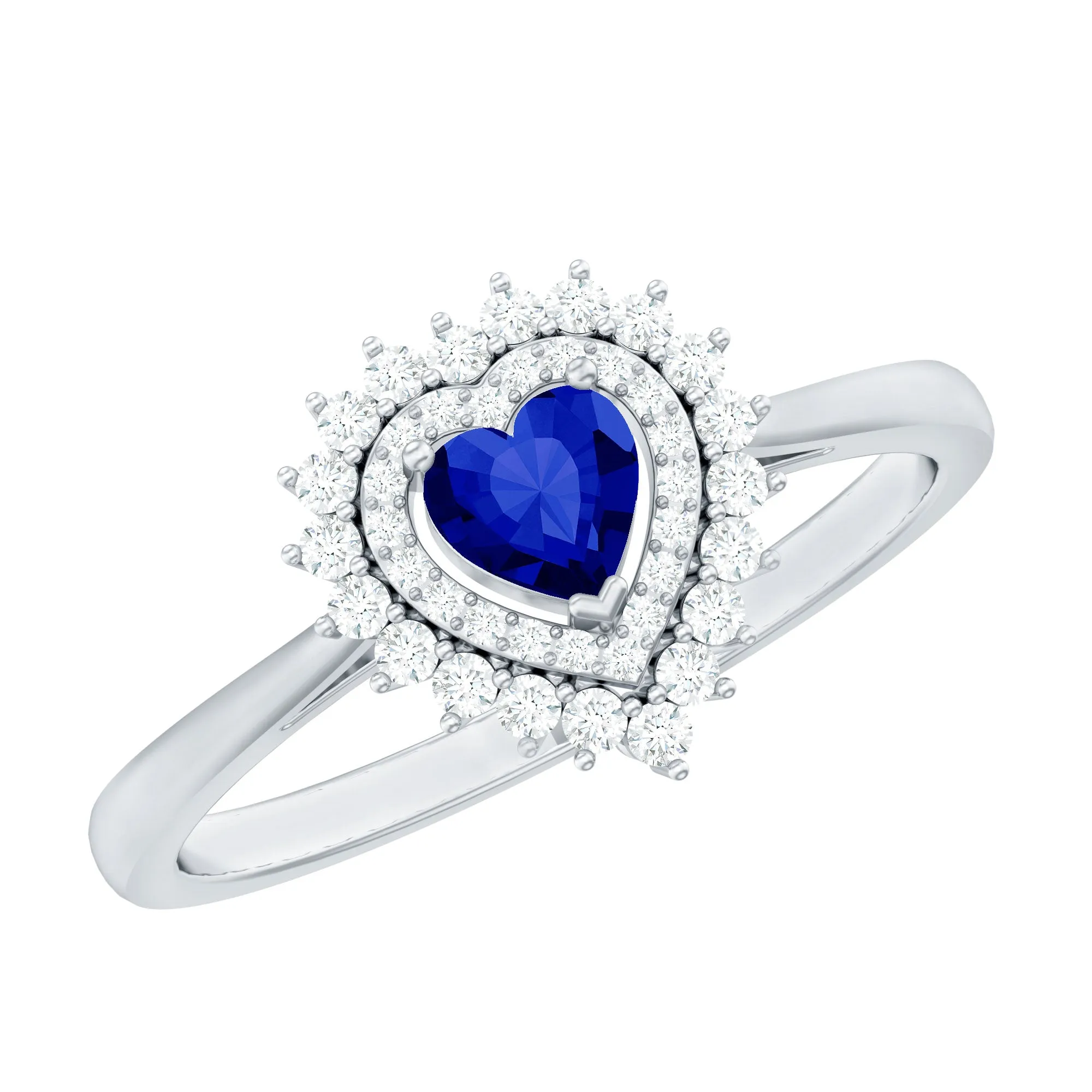 Created Blue Sapphire Heart Engagement Ring with Diamond Double Halo