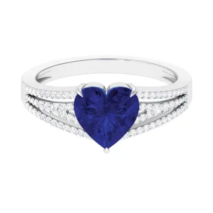 Created Blue Sapphire Heart Engagement Ring with Diamond