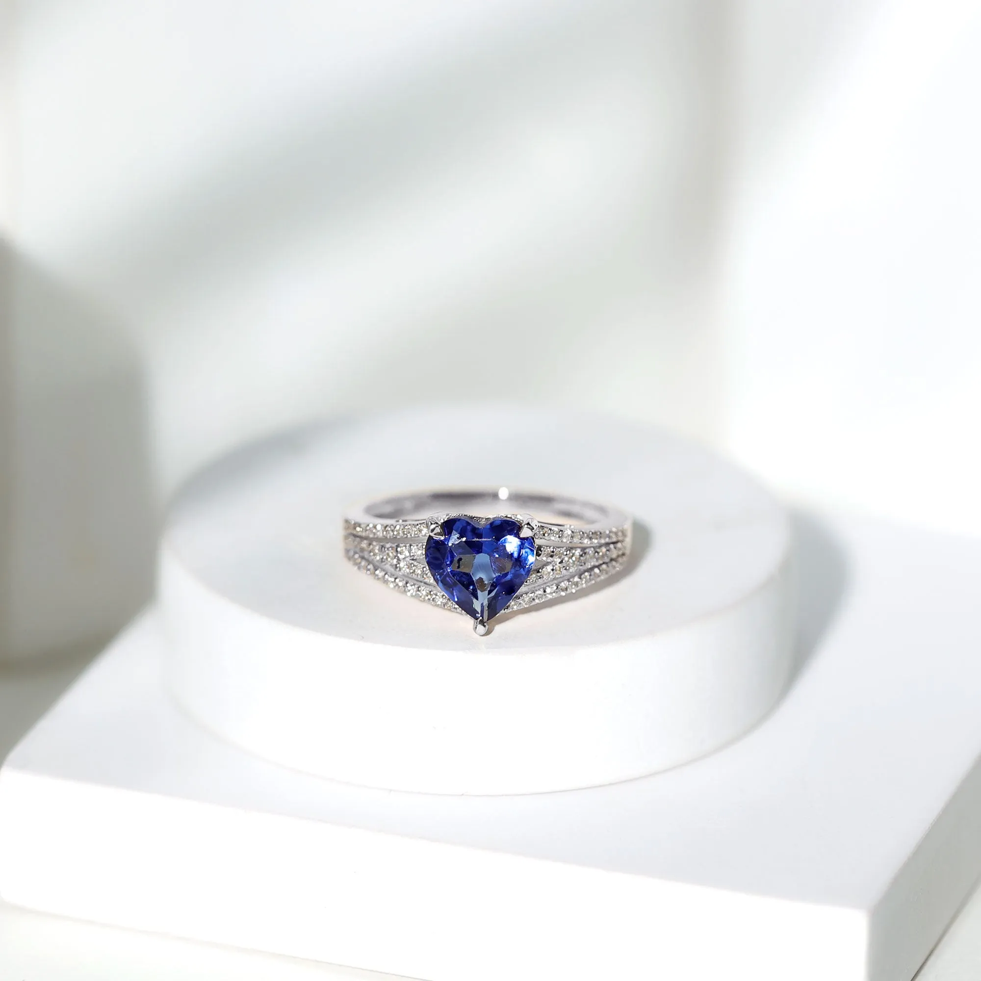 Created Blue Sapphire Heart Engagement Ring with Diamond