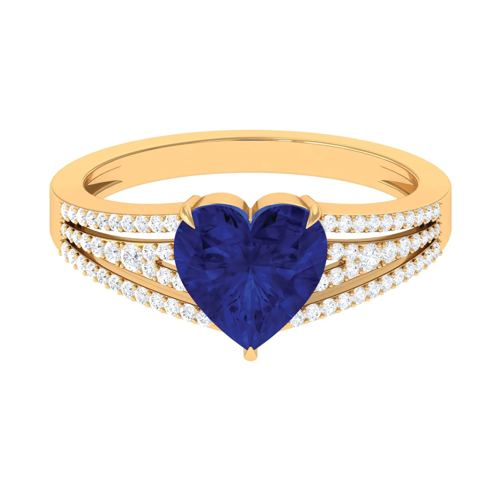 Created Blue Sapphire Heart Engagement Ring with Diamond