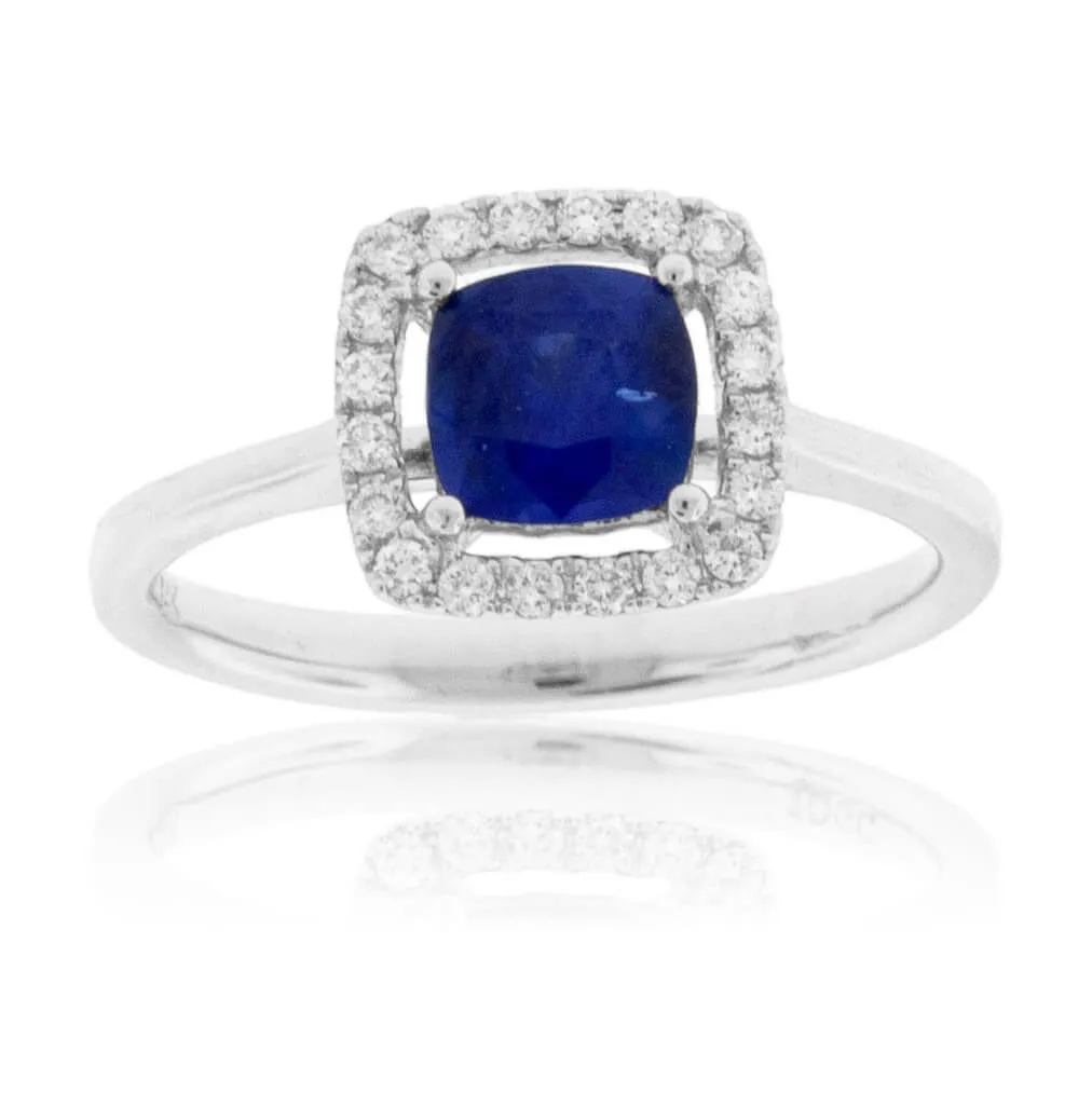 Cushion-Cut Blue Sapphire & Diamond Halo Ring