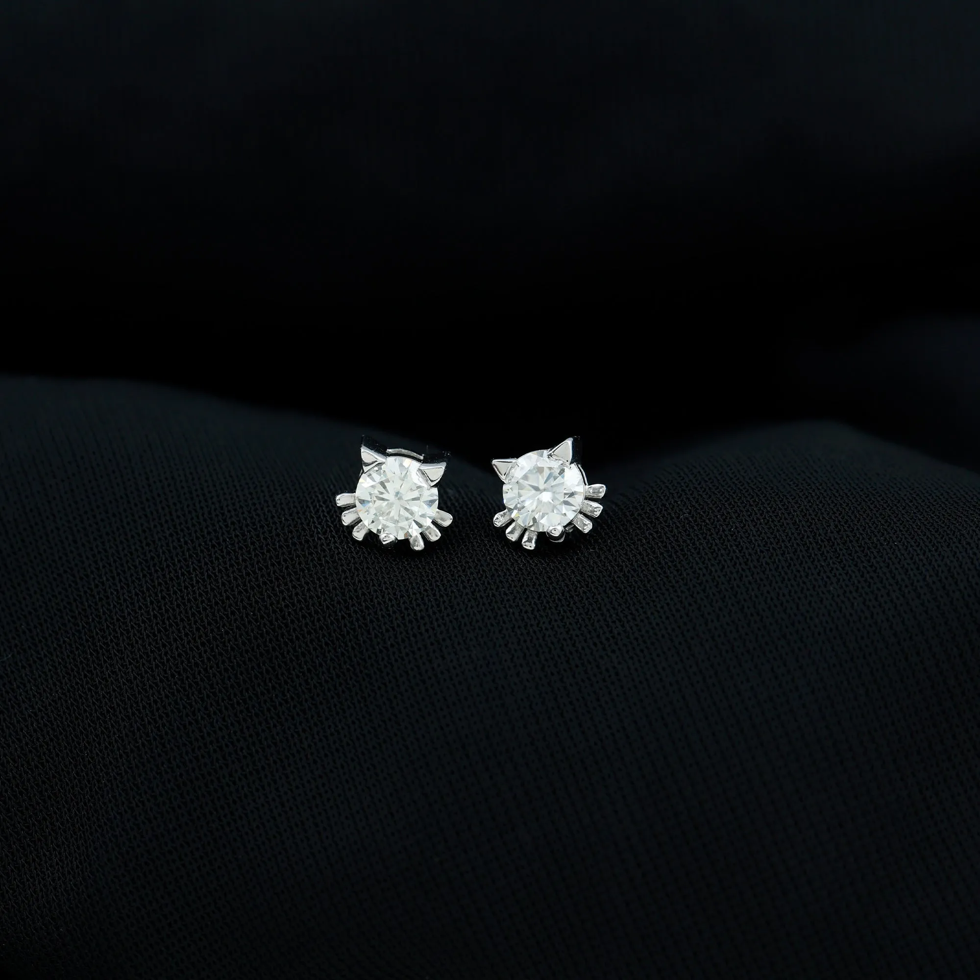 Cute Cat Solitaire Stud Earrings with Lab Grown Diamond