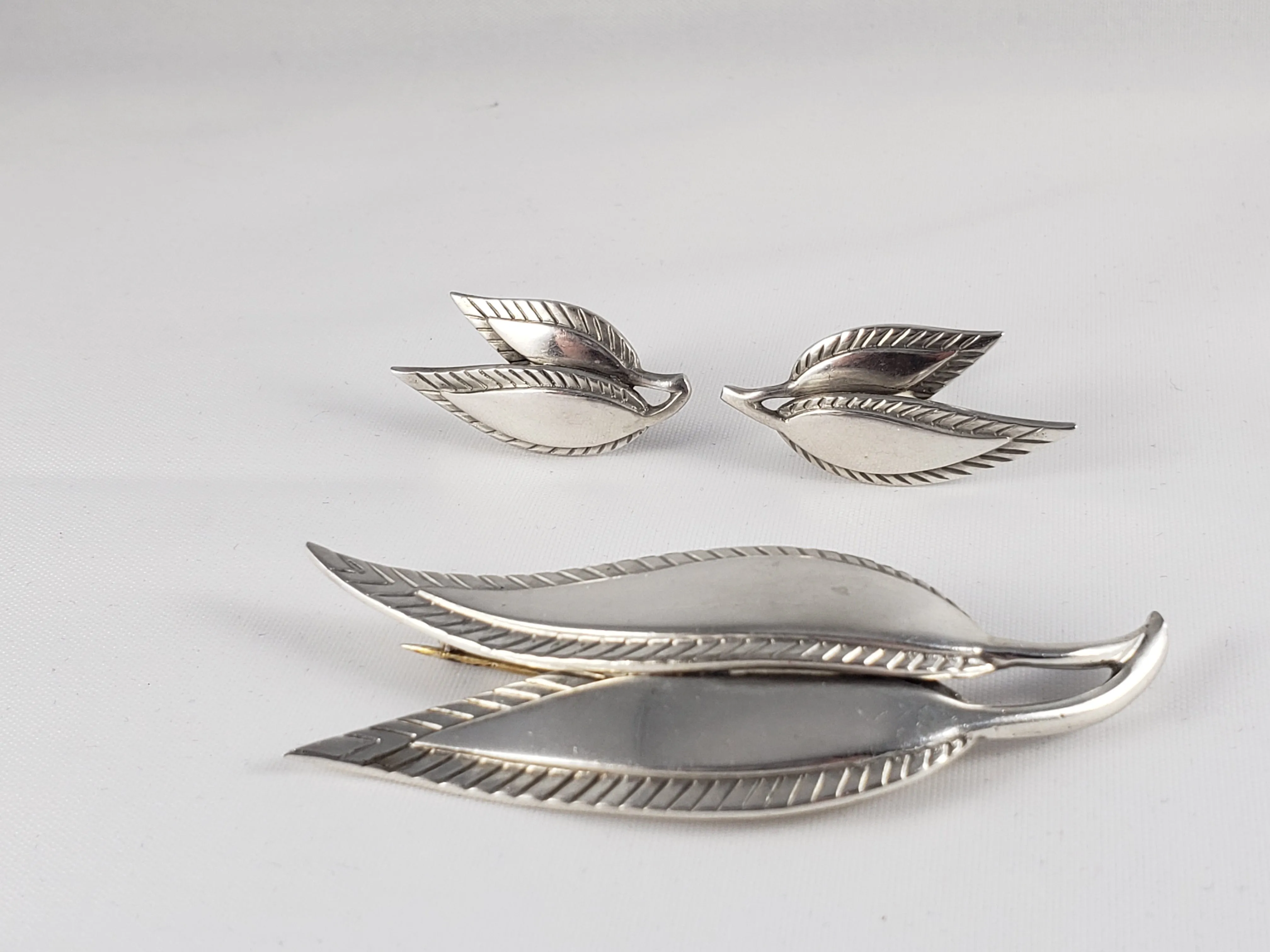 Danish Designer Just Andersen Sterling Leaves Brooch Earrings SET Circa 1930s