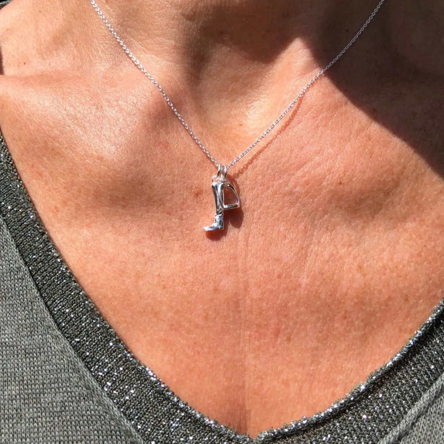 Detailed Sterling Silver Boot and Stirrup necklace