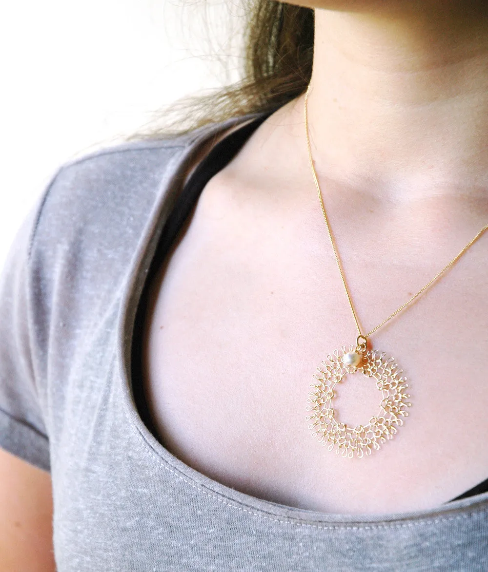 Dreamcatcher pendant necklace , wire crocheted dream catcher, made of gold filled