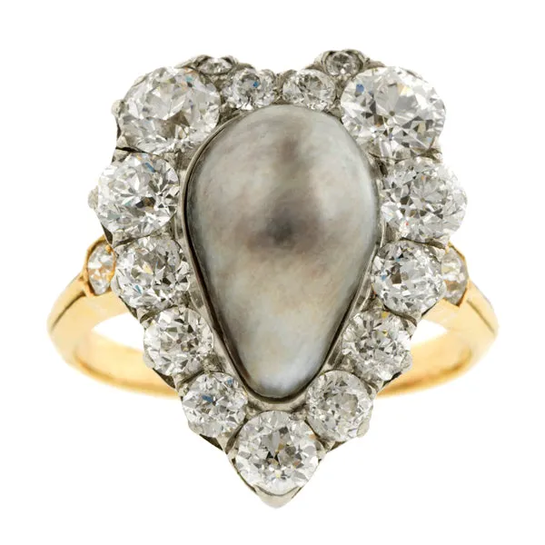 Edwardian Pearl & Diamond Heart Ring