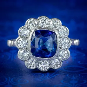 Edwardian Style Sapphire Diamond Cluster Ring 2ct Sapphire