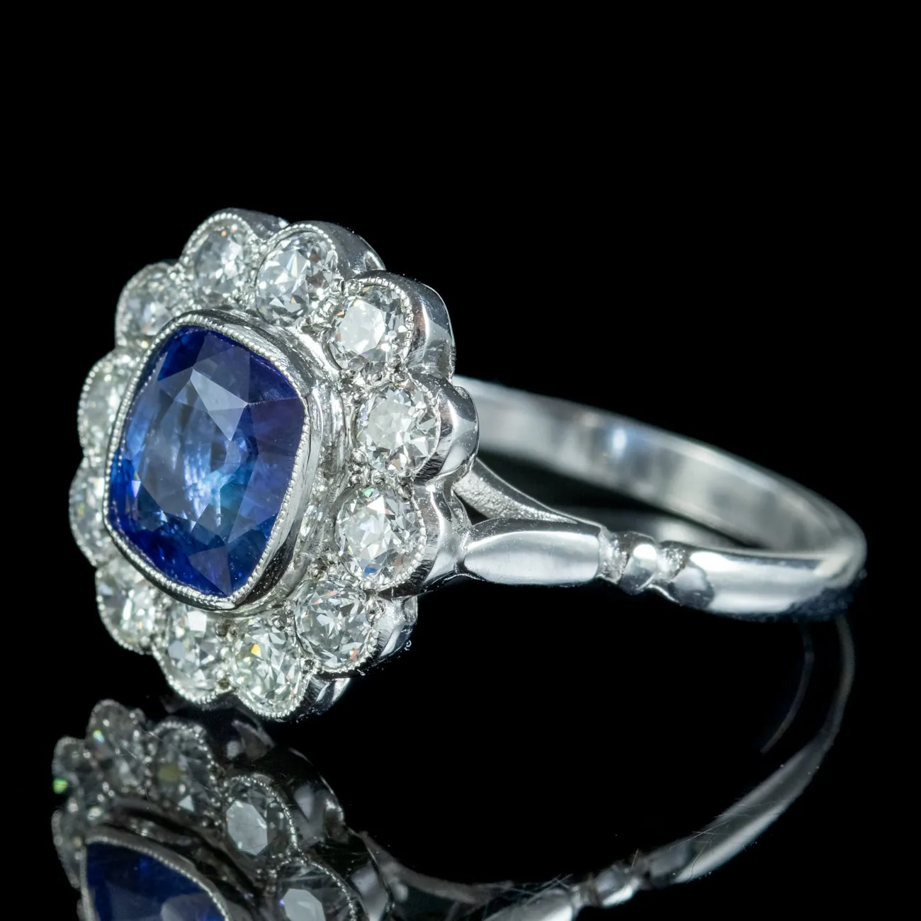 Edwardian Style Sapphire Diamond Cluster Ring 2ct Sapphire