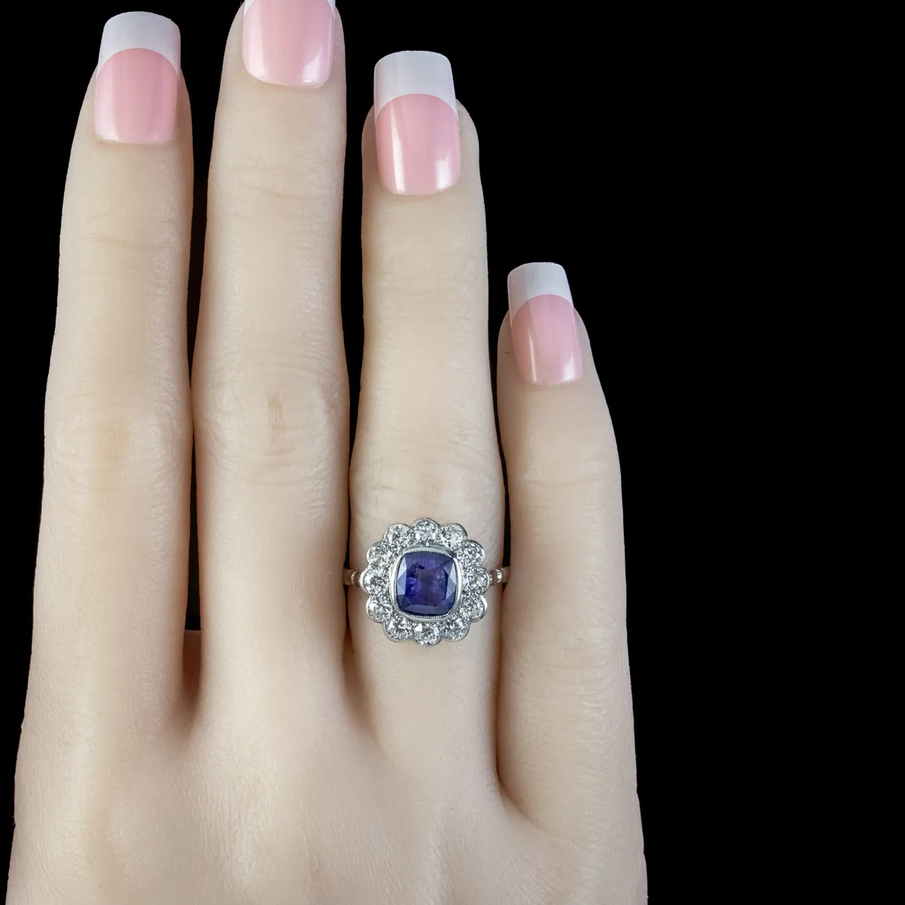 Edwardian Style Sapphire Diamond Cluster Ring 2ct Sapphire