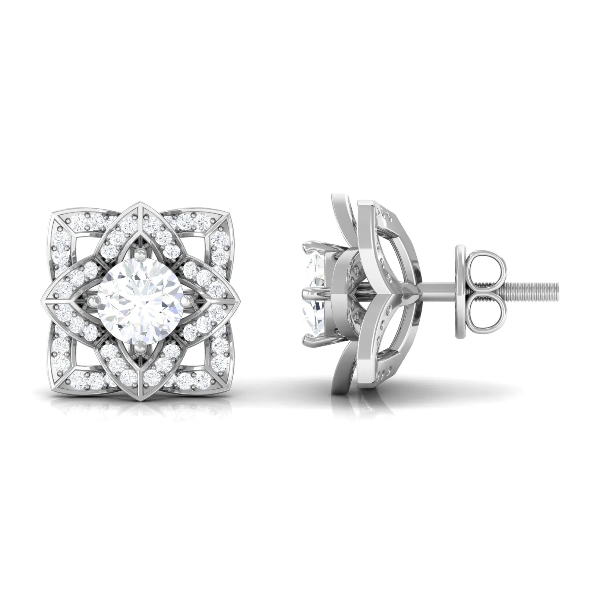 Flower Stud Earrings with Round Shape Diamond