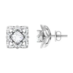 Flower Stud Earrings with Round Shape Diamond