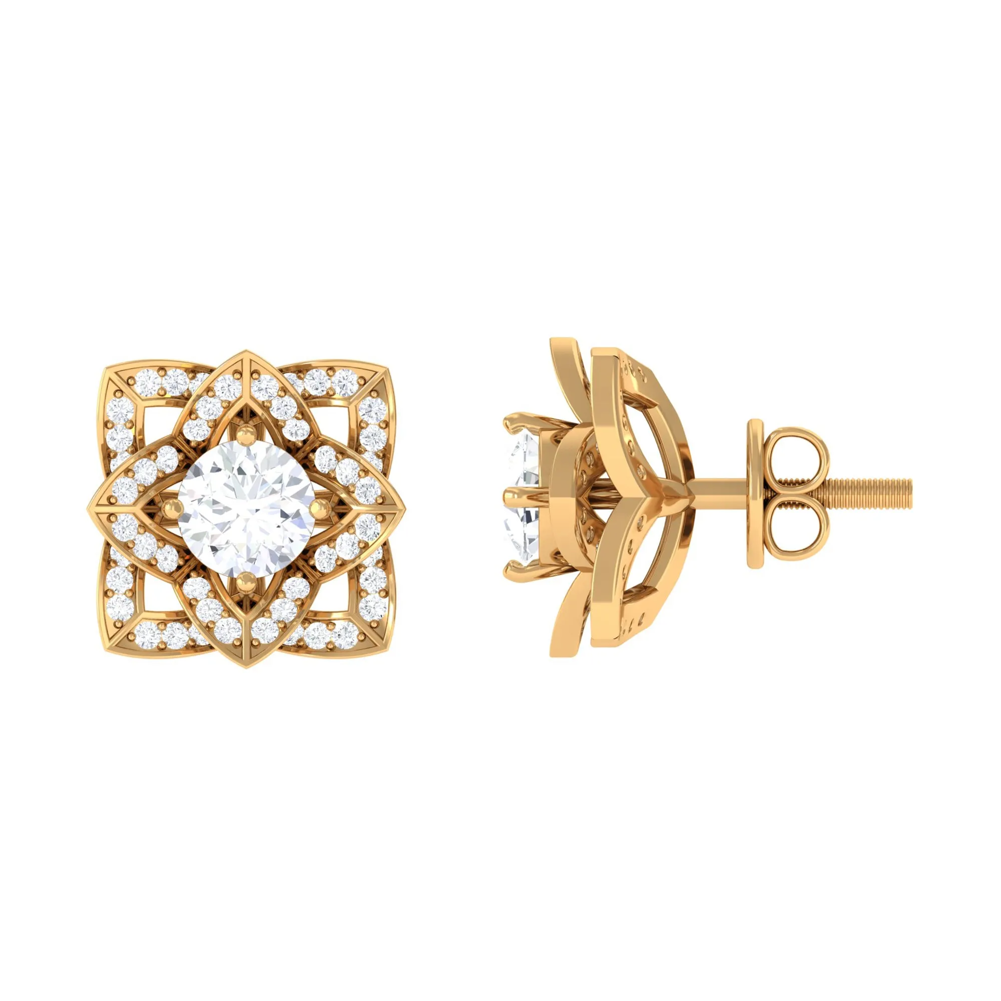 Flower Stud Earrings with Round Shape Diamond